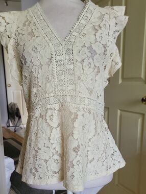 Loft Women's Cream Lace V-Neck Flutter Sleeve Top
